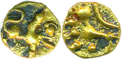 Hoysalas of Dwarasamudra, Gold 1/4 Fanam, 0.06g, Obv: Lion to right with crescent like cur