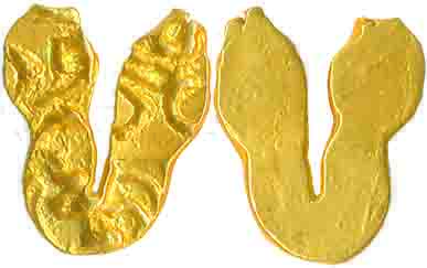 Shilaharas of Karad, Gold, U shaped Fanam, 0.51g, Uniface, Three punches – 1 x Boar, 2 x K