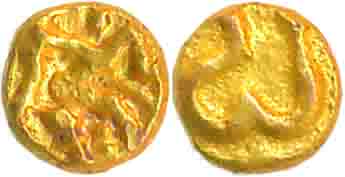 Shilaharas of Karad, Gold 1/4 Fanam, 0.13g, Obv: Garuda running right holding Snake in han