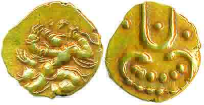 Banas of Madurai, Samarakolakalan, Gold Fanam, 0.36g, Obv: Stylize Garuda running to right
