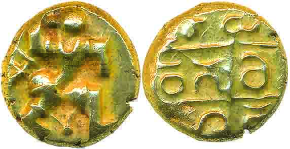 Vijaynagar Empire, Harihara I, Gold Varaha, 3.39g, Obv: Hanuman to right with knees slight