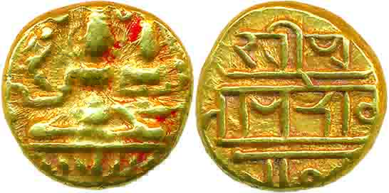 Vijaynagar Empire, Devraya I, Gold Varaha, 3.31g, Obv: Lord Siva with Parvati seated on a 