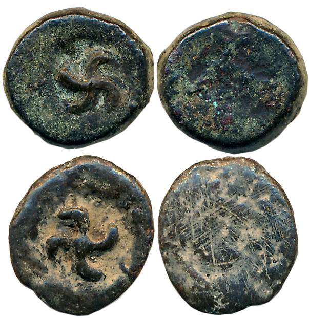 Post- Mauryan, Taxila Region, Copper (2), 4.22g, 0.93g, Uniface, Swastika incused in round