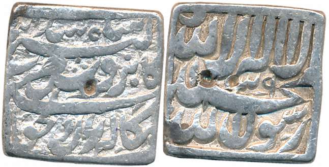 Akbar, Silver Square Rupee, 10.25g, “Kaabe Roushan” couplet, Bangala Mint, Ilahi Year 39 (
