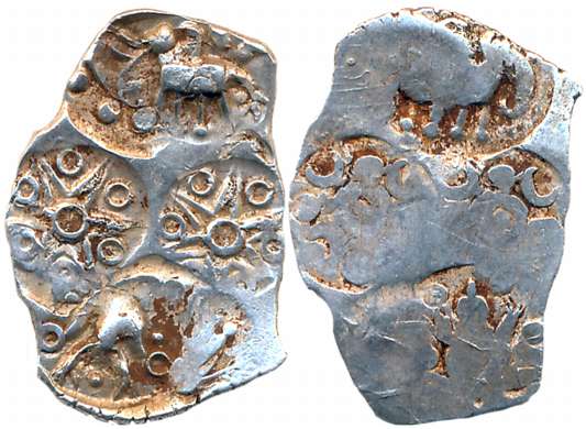 Punch Marked, Attributed to Vidarbha Janapada, Silver,1/2 Karshapana, 1.69g, four symbol s