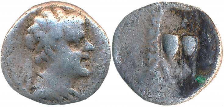 IndoGreeks, Eukratides, Silver Obol, 0.56g, Obv: Diademed bust of king facing right, Rev: 