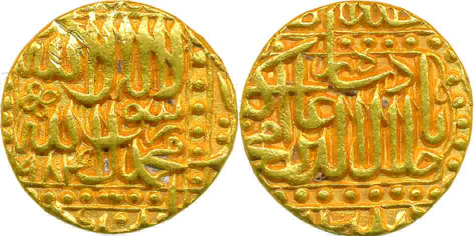 Akbar, Gold Mohur, 10.81g, “Kalima” type, Dar ul zarb Patna Mint, AH 984 (KM# 108.4). Very