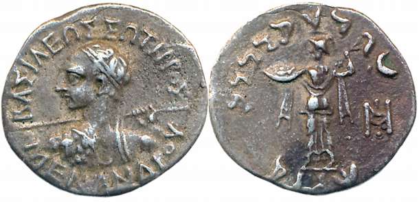 Indo Greeks, Menander I, Silver Drachma, 1.87g, Obv: Diademed heroic bust of king, wearing