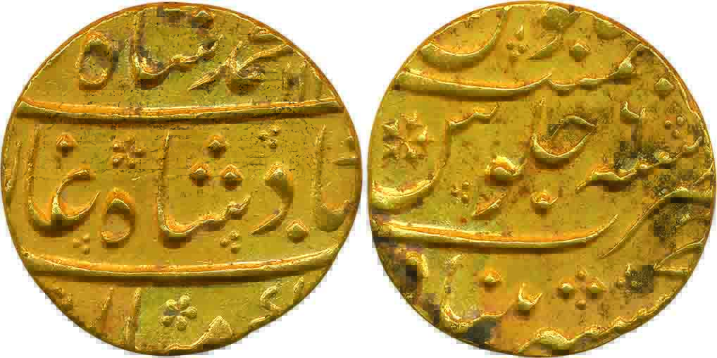 Muhammad Shah, Gold Mohur, 10.98g, Khujista Bunyad Mint, AH 11XX/ RY 6 (KM# 438.13). Very 