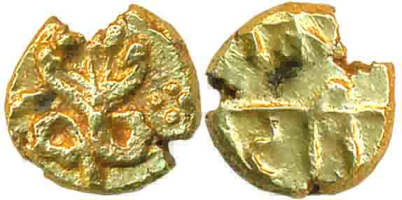 Venkatgiri, Gold Fanam, 0.38g, Obv: Five hooded Cobra Snake, Rev: Devnagari legend “Qile V