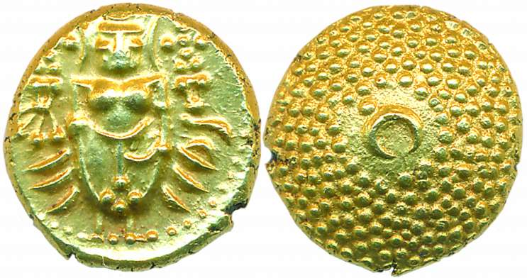 Gold Pagoda, 3.40g, “Porto Novo” prototype, Obv: Lord Venkateshwara standing holding a Sha