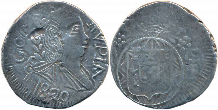 Goa, D. Joao VI, Silver Rupia, 600 Reis, 10.78g, 1820, Obv: Bust to right, date below, Rev