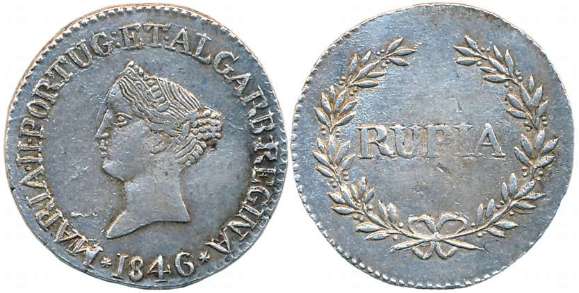 Goa, D. Maria II, Silver Rupee, 10.98g, 1846, Obv: Head to left, Rev: Value within sprays,