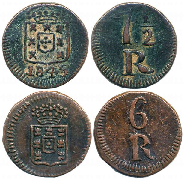 Goa, Maria II, Copper (2), 7 1/2 Reis, 4.39g, 1845, & 6 Reis, 3.87g, ND, Obv: Crowned arms