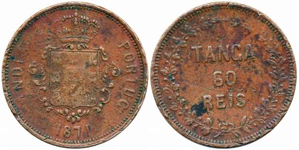 Colonial Coinage, Luiz I, Copper 60 Reis- Tanga, 37.55g, 1871, Obv: Crowned arms date belo