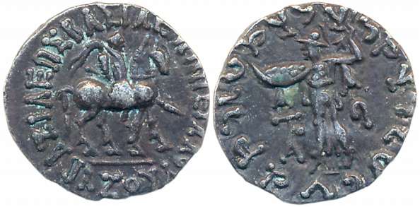 Indo Scythians, Azes, Silver Drachma, 2.36g, Obv: Armored King advancing to right on horse