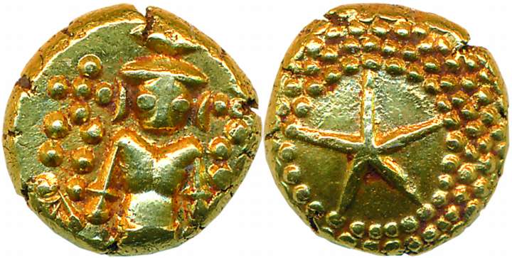 Gold Star Pagoda, 3.35g, Obv: Lord Vishnu standing, Rev: Star in granulated field (KM# 303