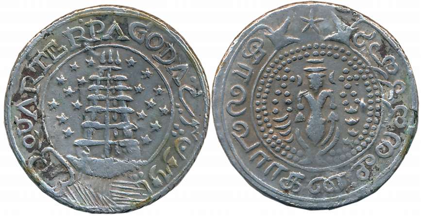 Silver 1/4 Pagoda, 9.79g, 2nd issue, “Crude English Legend”, Obv: Pagoda- Gopuram within c
