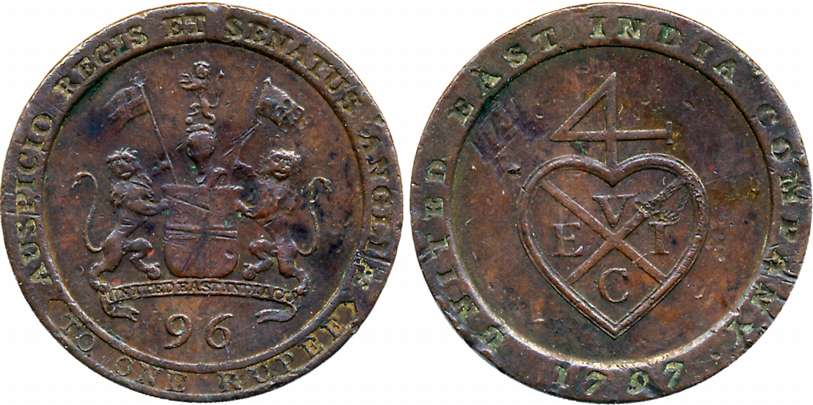 Copper 1/96 Rupee, 1797, Soho Mint, Obv: E.I.Co. arms, Rev: Bell mark (KM# 397). Very fine