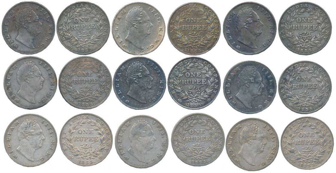 William IIII, Silver Rupees (9), 1835, Various type. Fine+ to very fine, 9 coins.