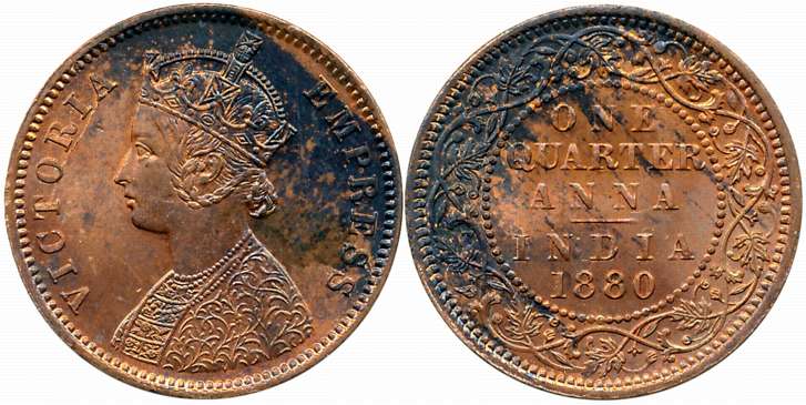 Victoria Empress, Copper 1/4 Anna, 1880, Calcutta Mint. Very fine, rare.