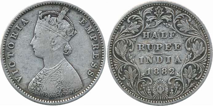 Victoria Empress, Silver 1/2 Rupee, 1882, A/II/dot. Very fine, rare.