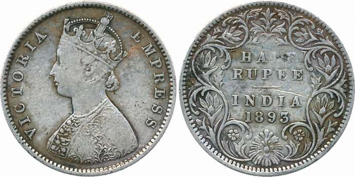 Victoria Empress, Silver 1/2 Rupee, 1893, B incused, A/I. Fine+.