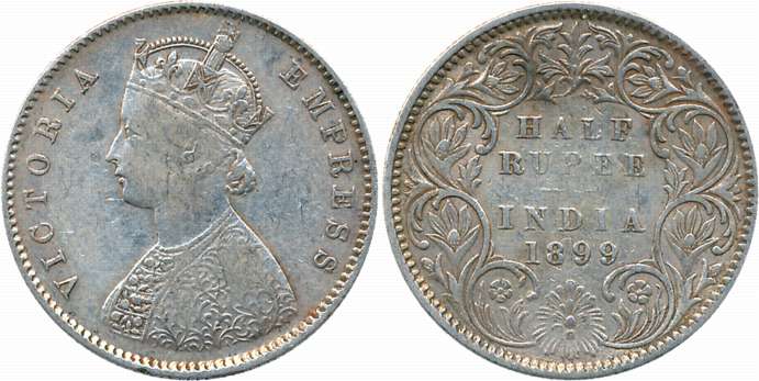 Victoria Empress, Silver 1/2 Rupee, 1899, C incused, A/I. Very fine.