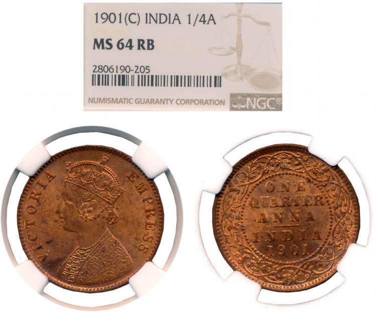 Victoria Empress, Copper 1/4 Anna, 1901, Calcutta Mint. Slabed & Graded by NGC as MS 64 RB