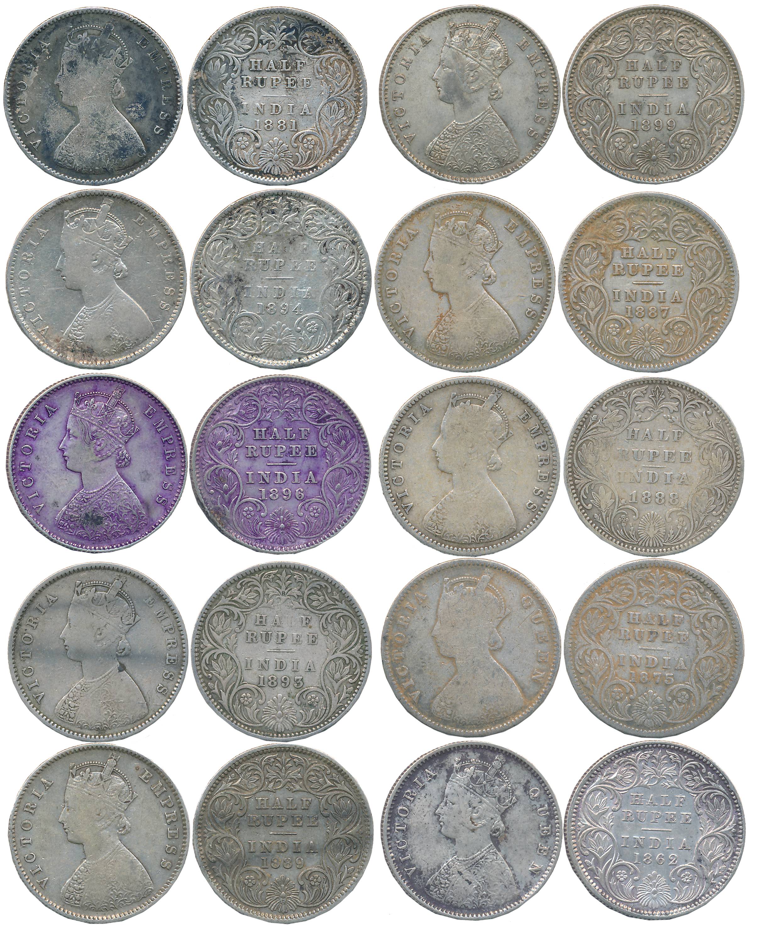 Victoria Empress, Silver 1/2 Rupee (10), 1862, 1875, 1881, 1887, 1888, 1889, 1893, 1894, 1