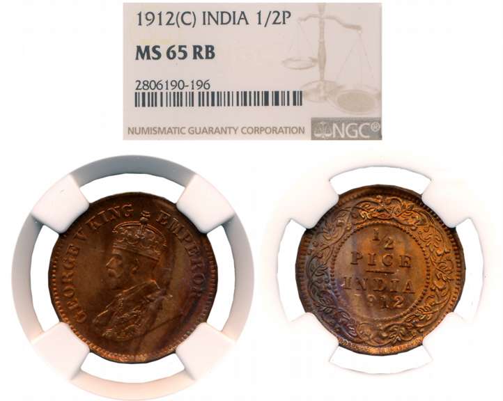 George V, Copper 1/2 Pice, 1912, Calcutta Mint. Slabed & Graded by NGC as MS 65 RB.
