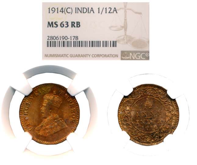 George V, Copper 1/12 Anna, 1914, Calcutta Mint. Slabed & Graded by NGC as MS 63 RB.