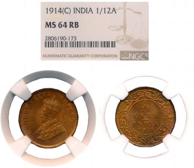 George V, Copper 1/12 Anna, 1914, Calcutta Mint. Slabed & Graded by NGC as MS 64 RB.