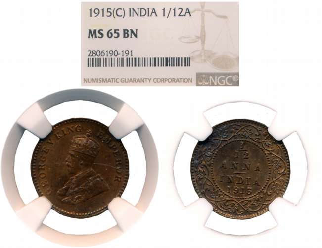 George V, Copper 1/12 Anna, 1915, Calcutta Mint. Slabed & Graded by NGC as MS 65 BN.