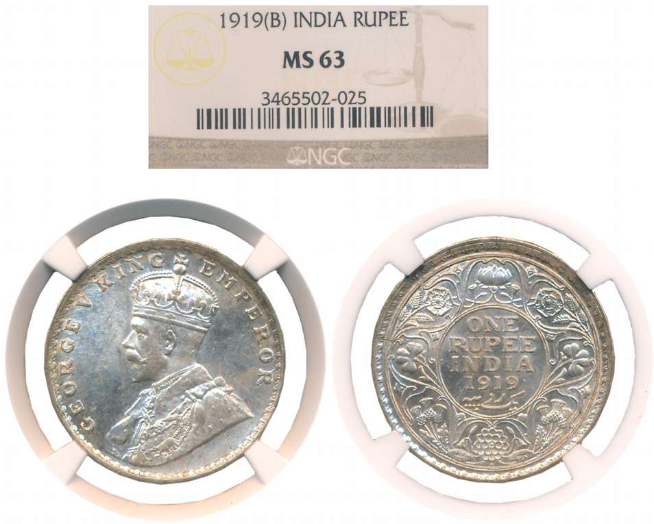 George V, Silver Rupee, 1919, Bombay Mint. Slabed & Graded by NGC as MS 63.