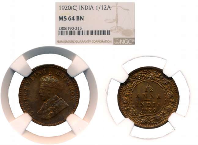 George V, Copper 1/12 Anna, 1920, Calcutta Mint. Slabed & Graded by NGC as MS 64 BN.