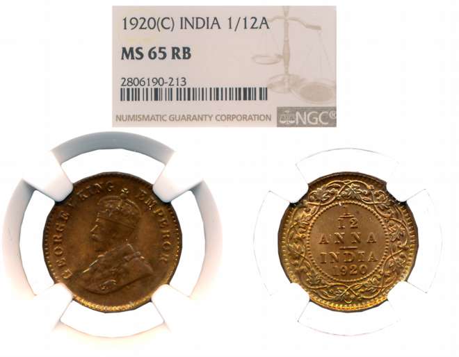 George V, Copper 1/12 Anna, 1920, Calcutta Mint. Slabed & Graded by NGC as MS 65 RB.