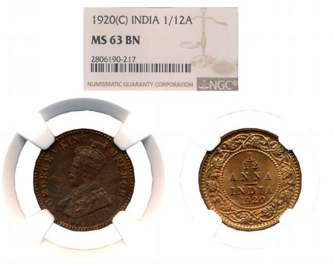 George V, Copper 1/12 Anna, 1920, Calcutta Mint. Slabed & Graded by NGC as MS 63 BN.