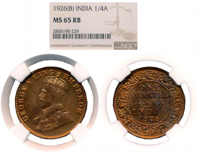George V, Copper 1/4 Anna, 1926, Bombay Mint. Slabed & Graded by NGC as MS 65 RB.