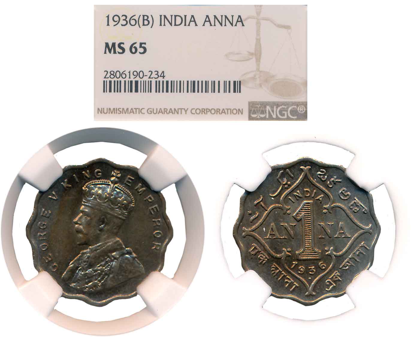 George V, Silver 1 Anna, 1936, Bombay Mint. Slabed & Graded by NGC as MS 65.