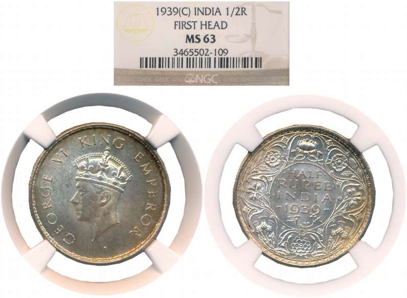 George VI, Silver 1/2 Rupee, 1939, Calcutta Mint, First Head. Slabed & Graded by NGC as MS