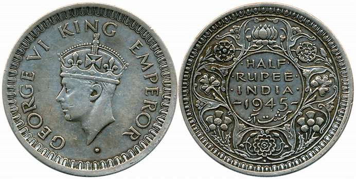 George VI, Silver 1/2 Rupee, 1945, large 5. Very fine, rare.