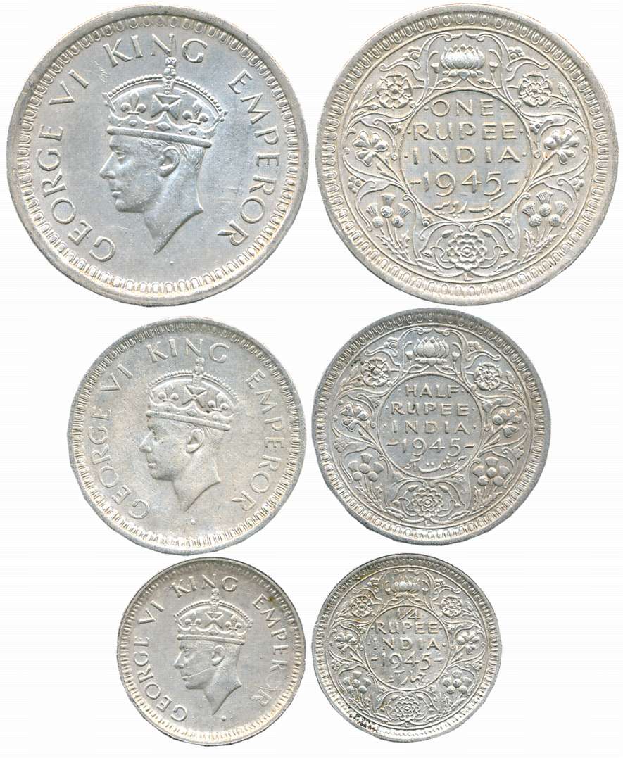George VI, Silver (3), Rupee, 1/2 Rupee & 1/4 Rupee, “Large 5” type, 1945, Lahore Mint (Pr