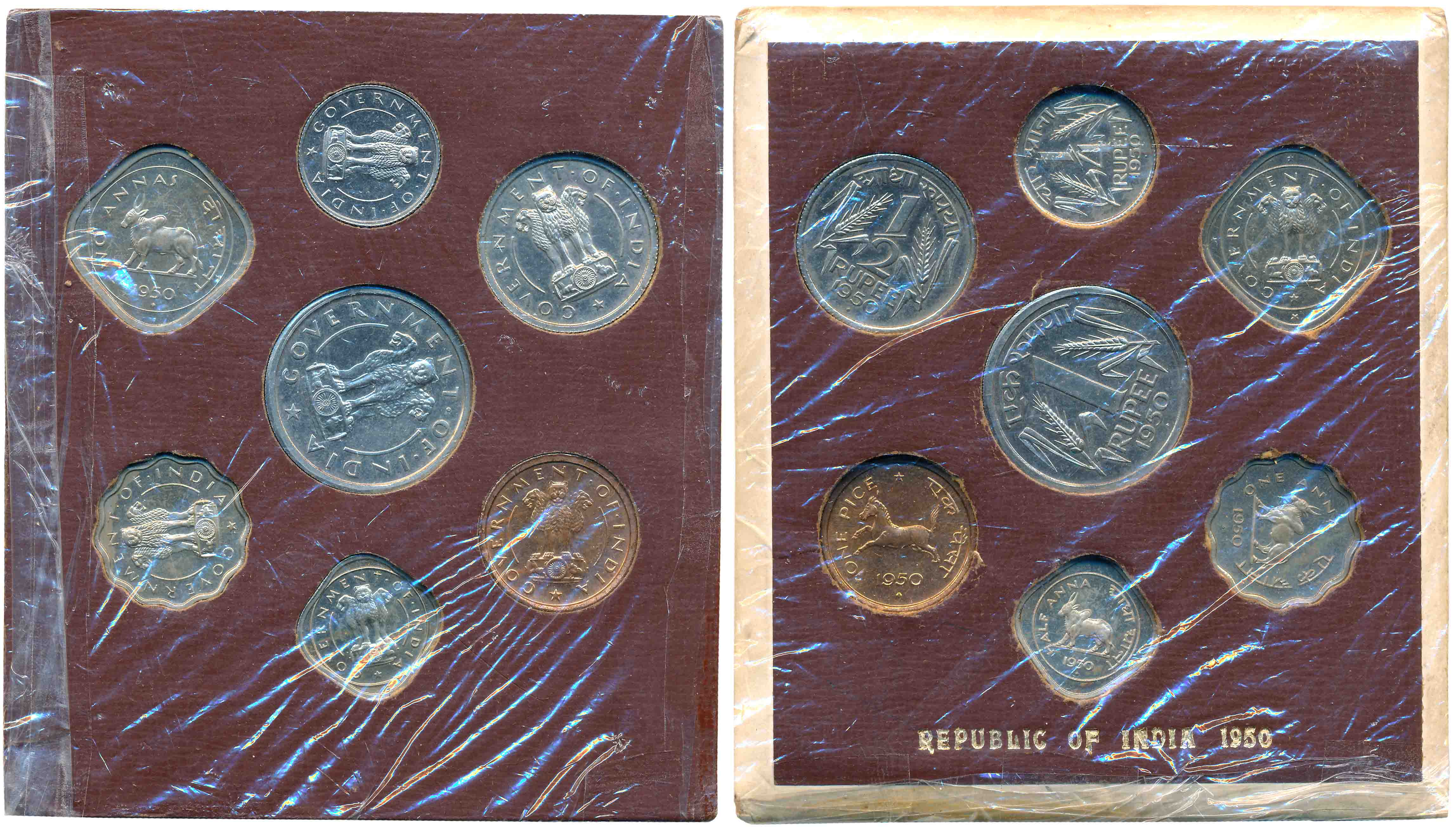 1950, Proof Set of 7 coins, Rupee, 1/2 Rupee, 1/4 Rupee, 2 Anna, 1 Anna, 1/2 Anna&1 Pice, 