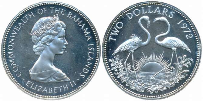 The Bahamas, Elizabeth II, Silver, 2 Dollars, 29.80g, 1972, Obv: Bust of the Queen Elizabe