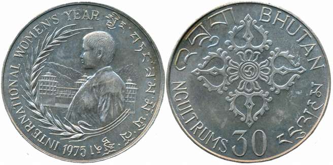 Bhutan, Jigme Singye, Silver, 30 Ngultrums, 25.00g, “FAO - International Women's Year”, 19