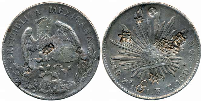 Mexico, Silver 8 Reales, 26.80g, 1891, Counter struck on both side, Obv: Eagle with snake 