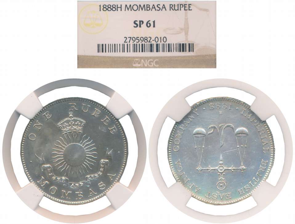 Mombasa, Silver Rupee, Slabed & Graded by NGC as SP 61.