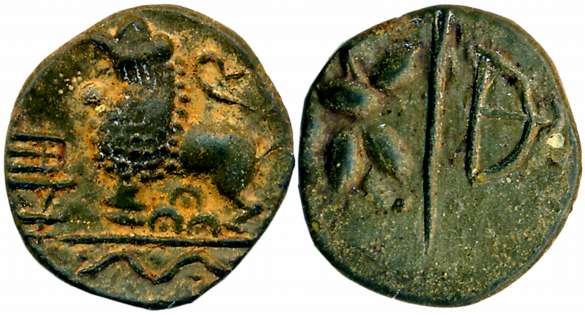 Western Kshatrapas, Nahapana, Lead, 2.62g, “Junnar Lion” type, Obv: Lion to left, three ar