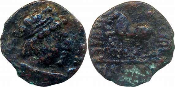 Kushans, Vima Takto, Copper Drachma, 2.26g, “Imitating Heliocles II” type, Obv: Crude bust